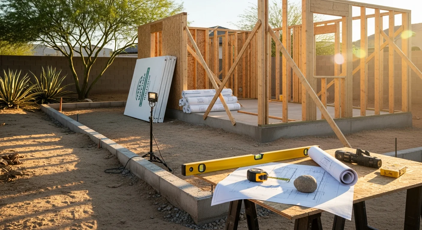 A newly completed detached accessory dwelling unit in a Henderson, Nevada backyard, featuring a private entrance and desert-appropriate exterior finish. The structure sits within a single-family residential lot with clear separation from the primary home.