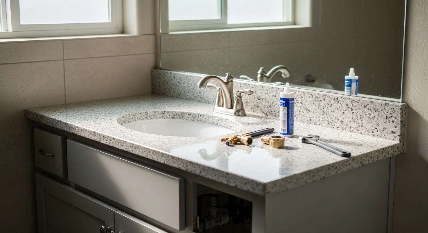 A newly installed bathroom vanity faucet and matching showerhead in a Henderson, Nevada home, with clean supply line connections visible beneath the sink. The updated fixtures replace older corroded hardware in a master-planned community bathroom.
