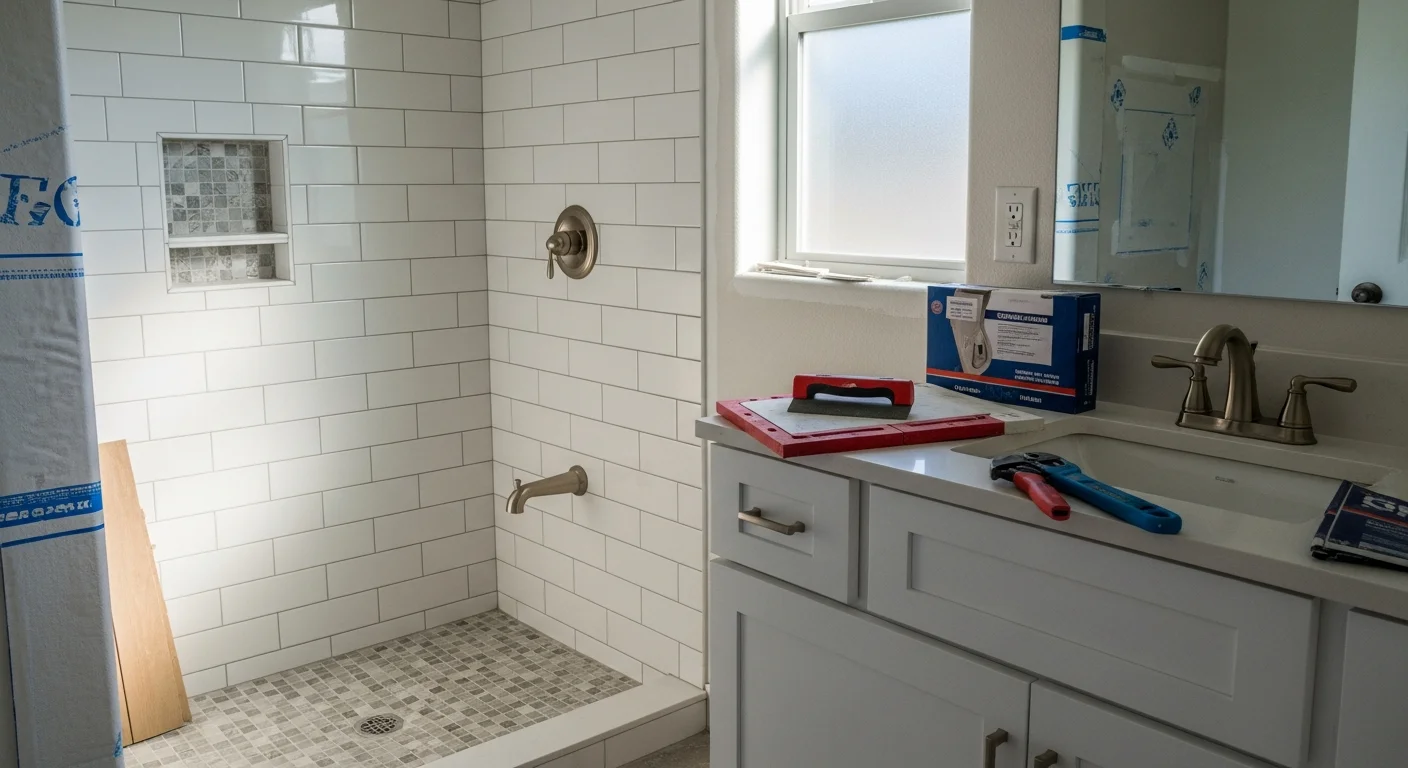 A remodeled bathroom in a Henderson, Nevada home featuring a tiled walk-in shower, updated vanity with storage cabinets, and new flooring. The space shows clean finishes and a functional layout typical of a Fairless Homes, LLC bathroom renovation project.