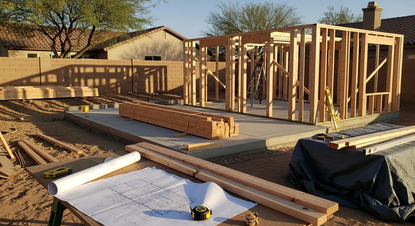A newly built detached casita in a Henderson, Nevada backyard, showing a private entrance, stucco exterior, and a separate structure set back from the main home. The unit reflects the single-story residential style common to Henderson neighborhoods.