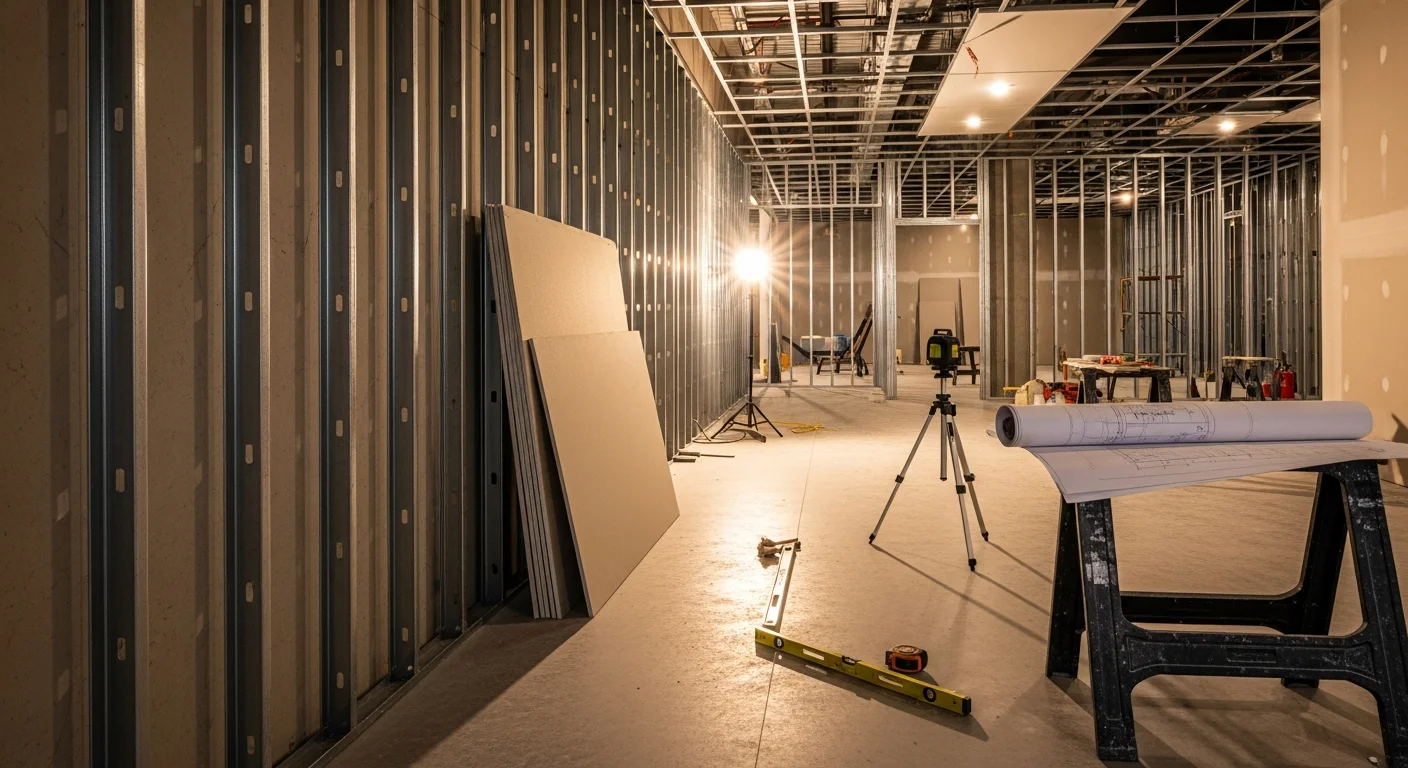 Interior of a commercial tenant improvement buildout in Henderson, Nevada, showing freshly framed walls, new ceiling grid, and concrete floors ready for finish work. A general contractor reviews the layout inside a retail or office suite in a Henderson commercial building.