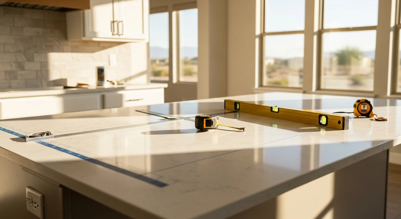 Newly installed kitchen countertop in a Henderson, Nevada single-family home with an open-concept layout and center island. The surface is smooth and fitted cleanly to the cabinetry with no visible gaps at the edges or seams.