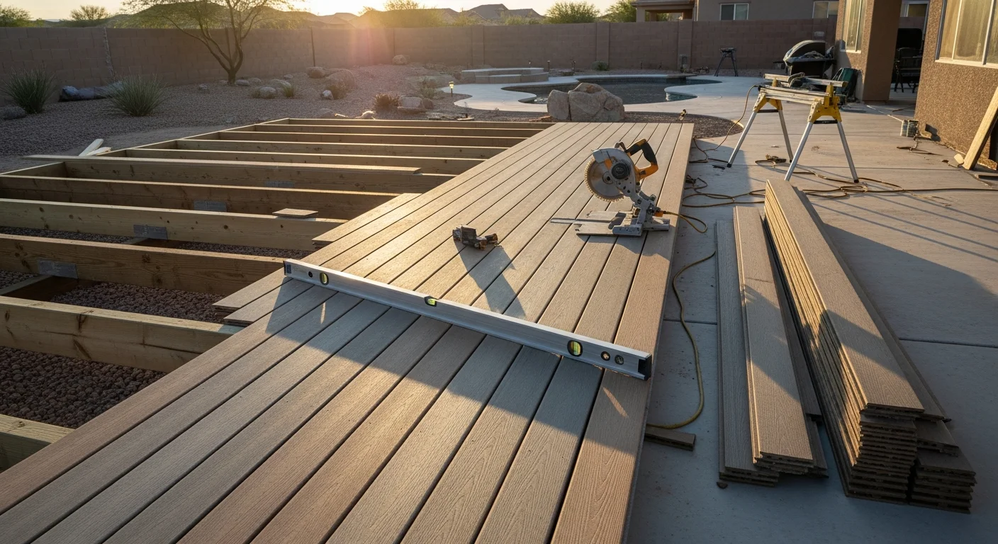 A newly constructed wood-frame deck attached to the back of a single-family home in Henderson, Nevada, with clean railing lines and a desert landscaped yard visible in the background. The deck surface shows no weathering, with clear sky and sun typical of the Mojave Desert climate overhead.