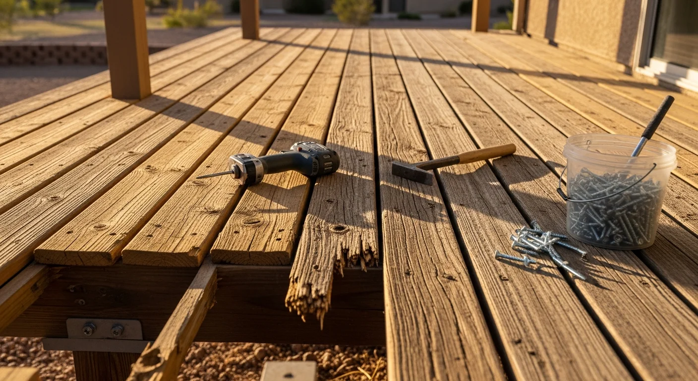 A repaired residential deck in Henderson, Nevada with replaced surface boards, secured railings, and restored framing visible beneath the structure. The deck sits behind a single-family home under clear desert sky.