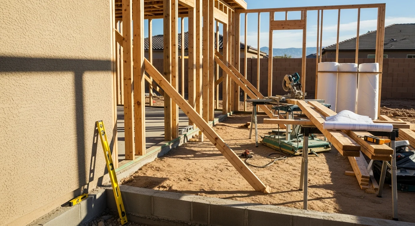 A newly completed single-story home addition in Henderson, Nevada, with stucco exterior and a tile roof matching the original structure. The addition extends the rear of the home and opens to a desert-landscaped backyard.