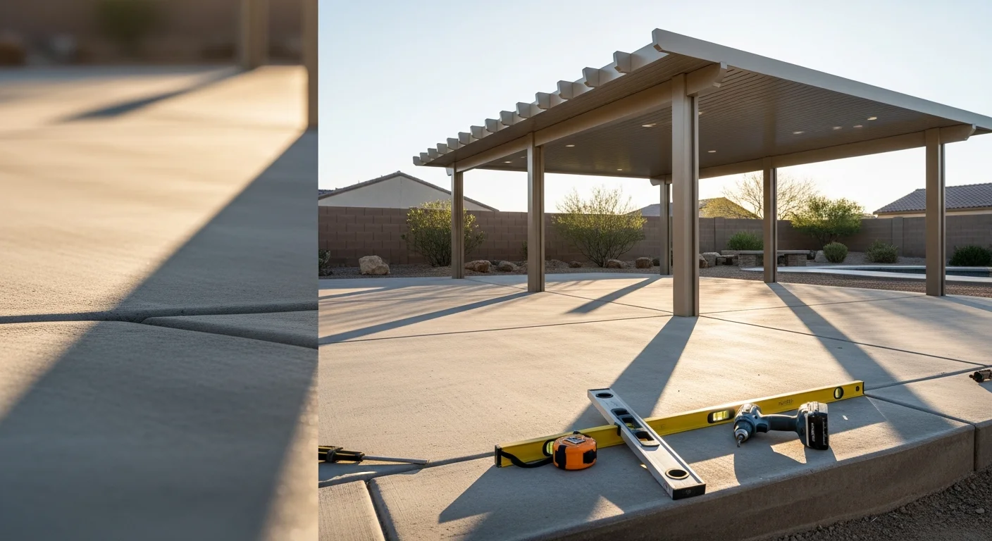 A newly installed covered patio structure attached to a single-family home in Henderson, Nevada, with a shade roof and open-air framing suited to the desert climate. The backyard shows a concrete slab base and clear sightlines to the surrounding desert landscape typical of Southern Nevada residential neighborhoods.