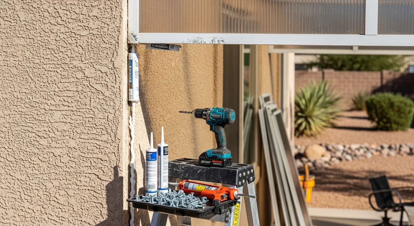 A repaired residential patio cover on a Henderson, Nevada home showing secured framing connections and intact panels after professional repair work. The structure is attached to the rear exterior wall with a clear, gap-free fascia connection.