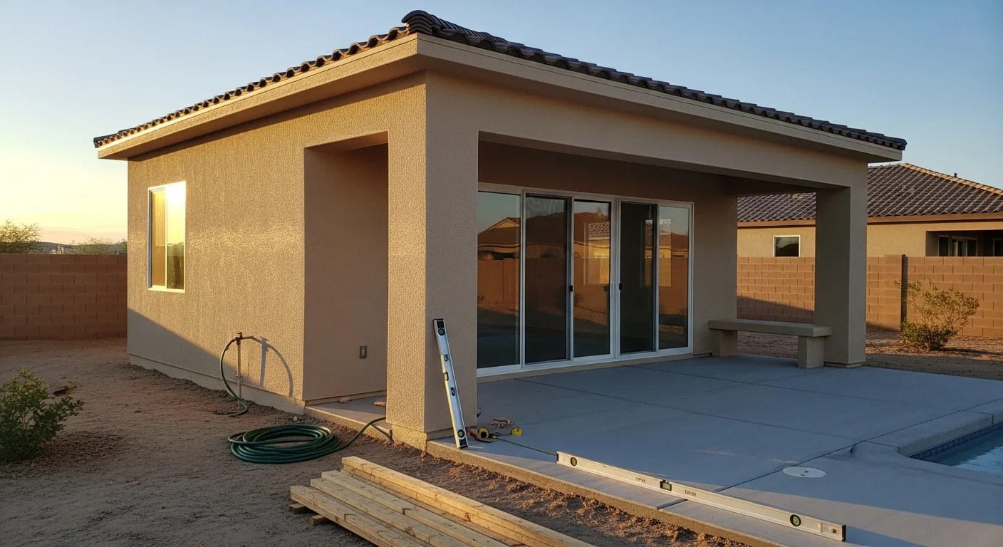 A newly constructed pool house with a covered patio and exterior changing room door adjacent to a backyard pool on a Henderson, Nevada residential property. The structure features a stucco exterior finish that matches the main home, set against a clear desert sky.