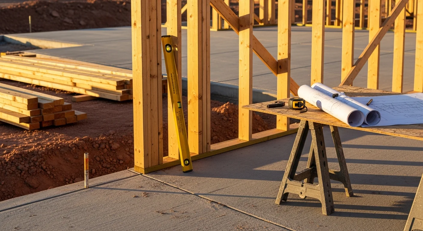 A newly constructed single-family home in Henderson, Nevada, with a stucco exterior and desert landscaping in the front yard. A general contractor reviews building plans on-site during the framing stage of residential construction.