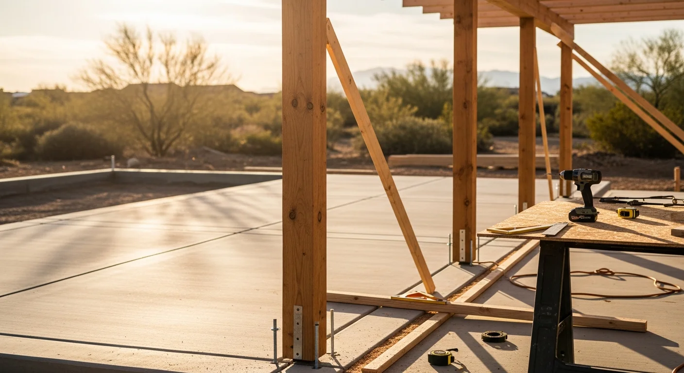 A finished wood patio cover attached to the back of a single-story Henderson, Nevada home, providing full shade over a concrete patio. The structure features clean post framing and a solid roof deck suited for the desert climate.